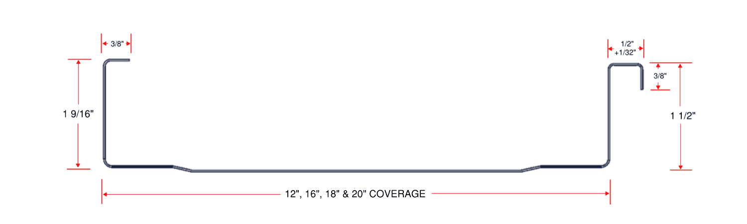 SS150 standing seam roof panel dimensions showing 1 1/2-inch seam height and 12-inch, 16-inch, 18-inch and 20-inch coverage widths