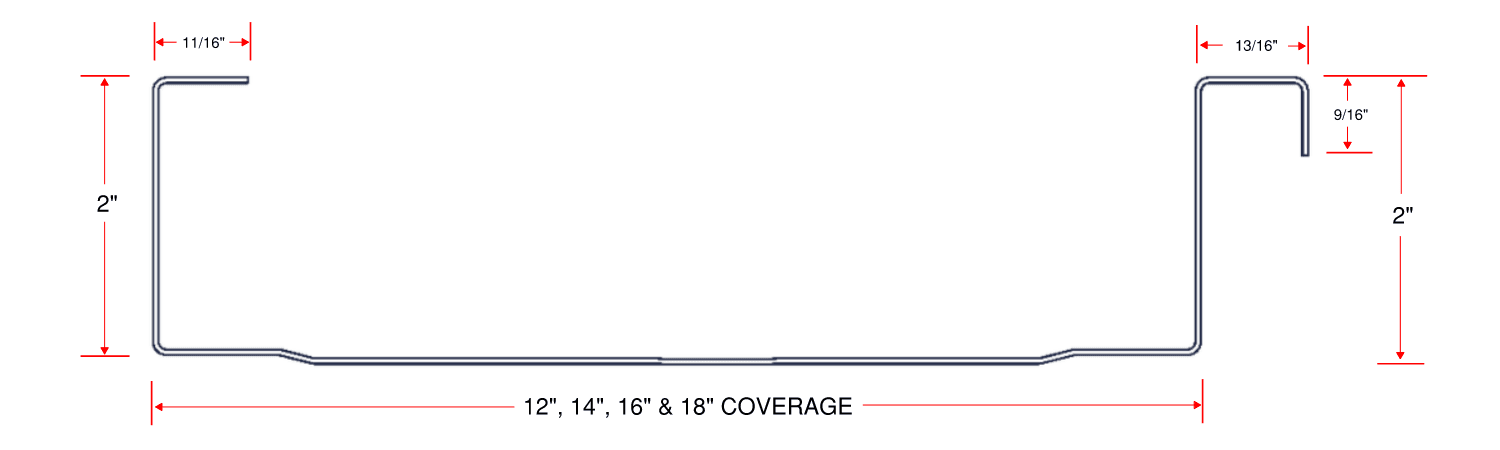 SS200 standing seam roof panel dimensions showing 2-inch seam height and 12-inch, 14-inch, 16-inch and 18-inch coverage widths