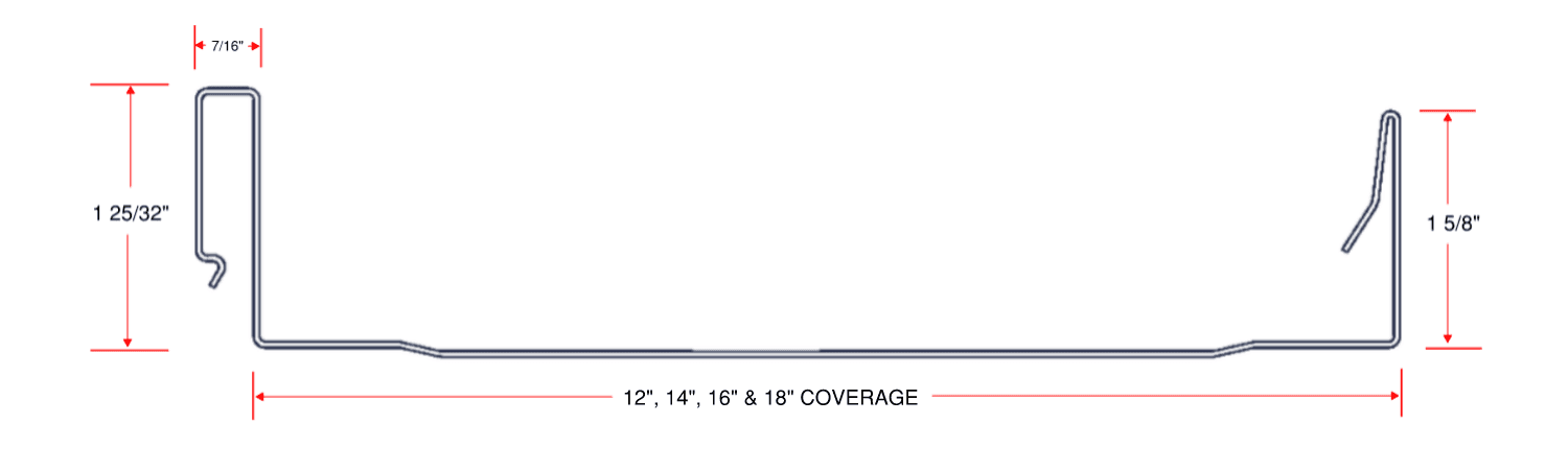 SS675 standing seam roof panel dimensions showing 1 5/8-inch seam height and 12-inch, 14-inch, 16-inch and 18-inch coverage widths